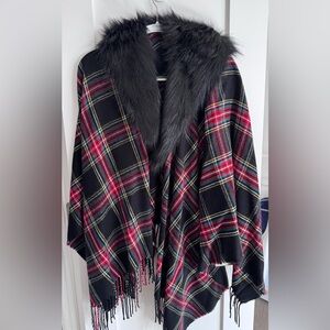 J. Crew Red and Black Plaid Cape with Faux Fur